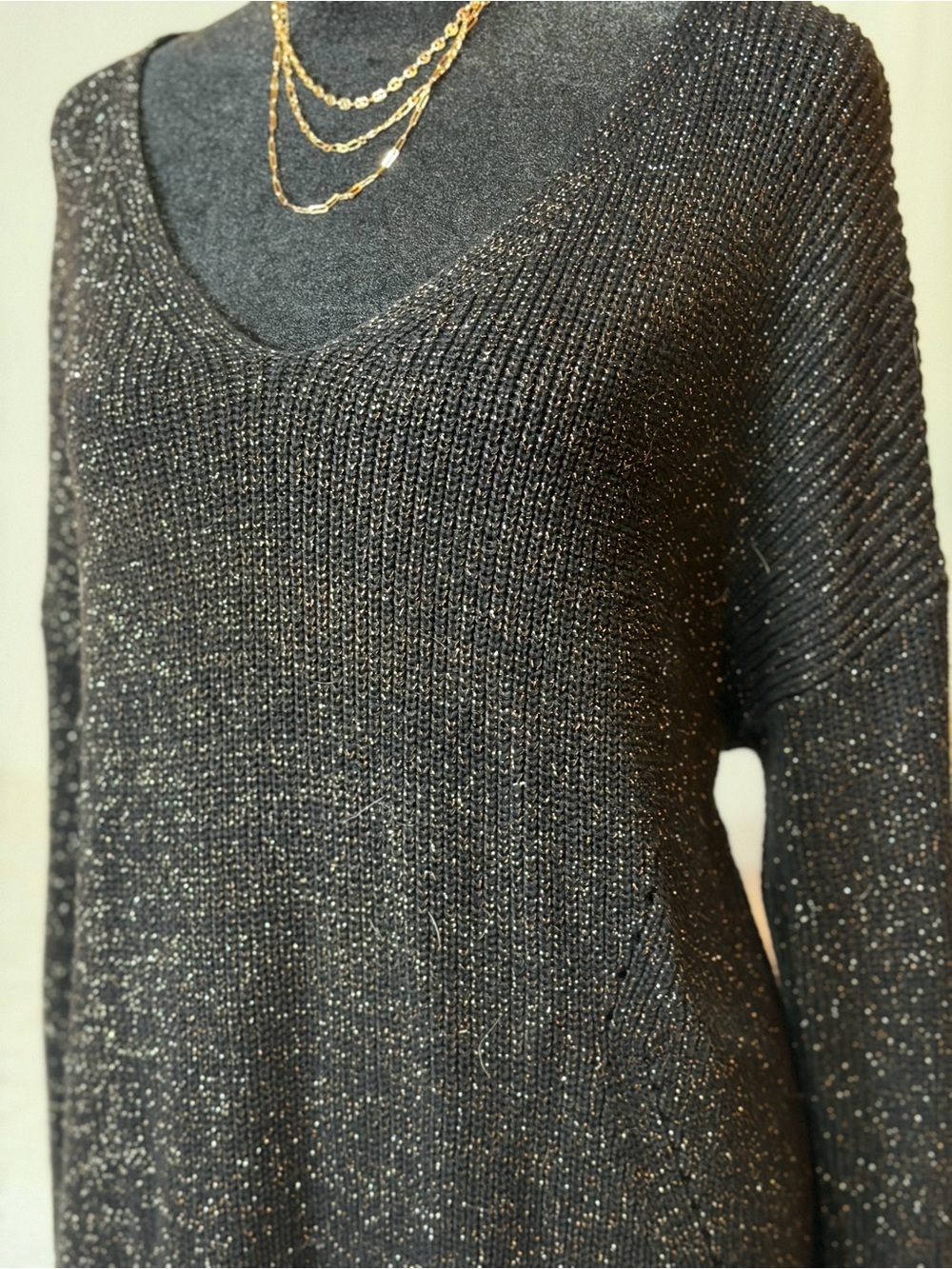 a.n.a Black Metallic Sparkle V-Neck Sweater